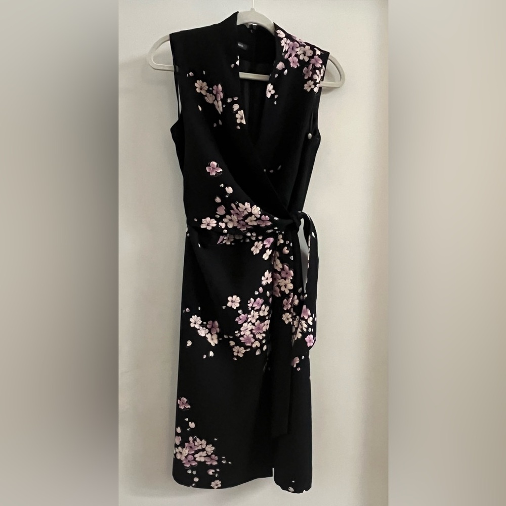 Jones Wear Black Asymmetrical Dress with Pink Cherry Blossom Floral Design